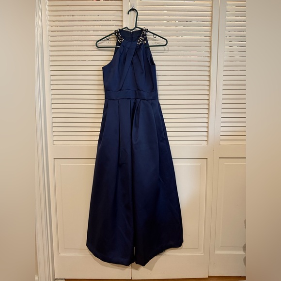 Eliza J Navy Satin Beaded Neckline Evening Gown - Picture 4 of 9